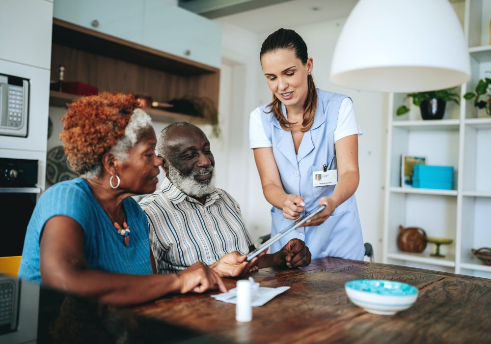 Medical care at home, showing information on digital tablet